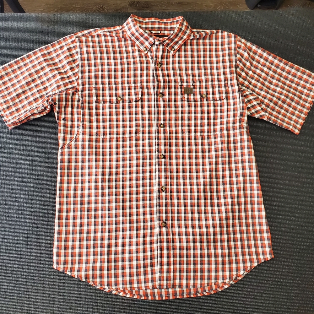 Wrangler Riggs Men's Large Short-Sleeve Plaid Button-Up Shirt - Red/White/Blue